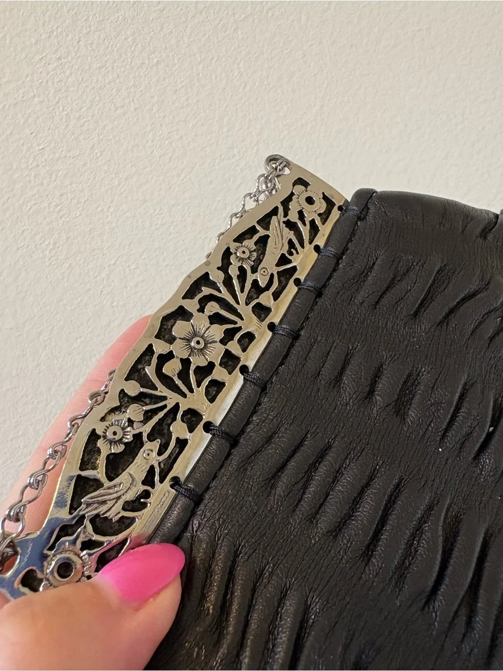 Glen Miller 90’s Leather and Metal Evening Clutch with Ornate Silver Frame